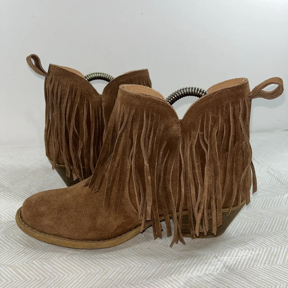 Dingo Womens Tangles Fringe Pointed Toe Booties‎ Brown 6M Casual Western Cowgirl